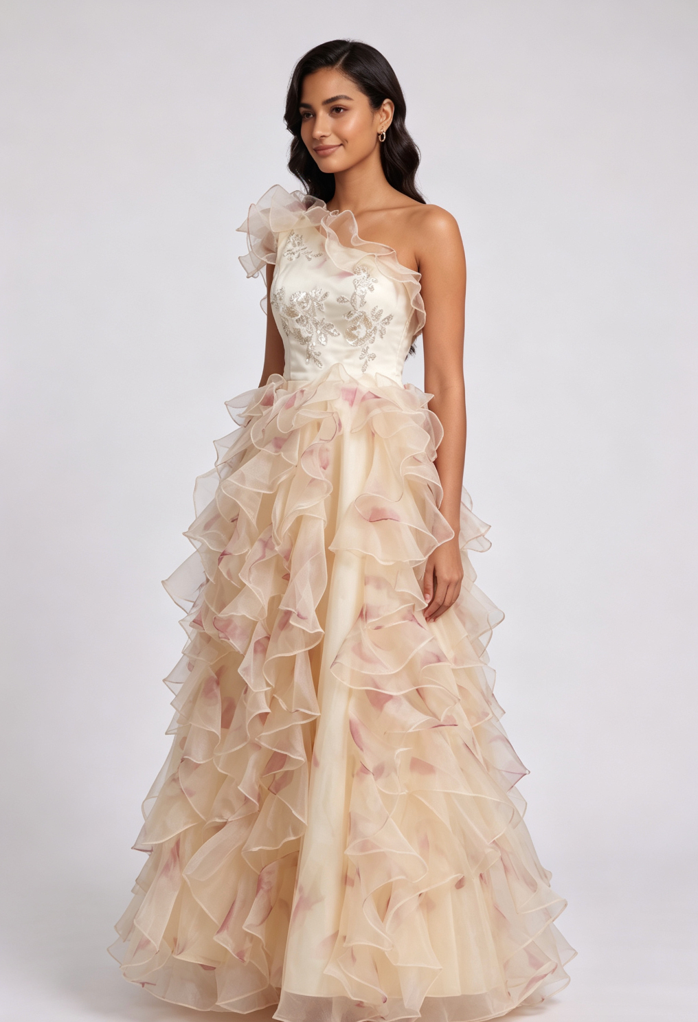 ONE-SHOULDER RUFFLED CORSET BACK MAXI DRESS
