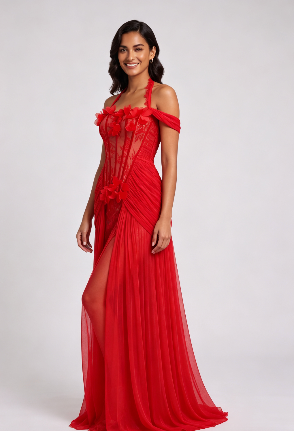 20260818142614_606_34 RED FLORAL HALTER GOWN, FLOOR-LENGTH FORMAL
