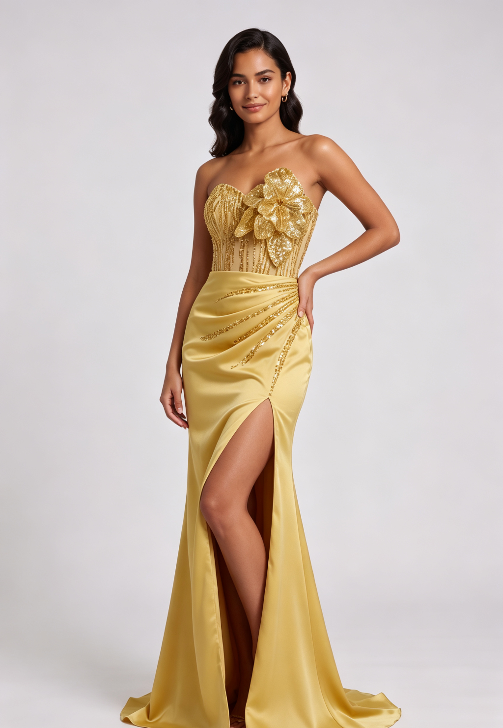 GOLD SEQUIN STRAPLESS MERMAID EVENING GOWN