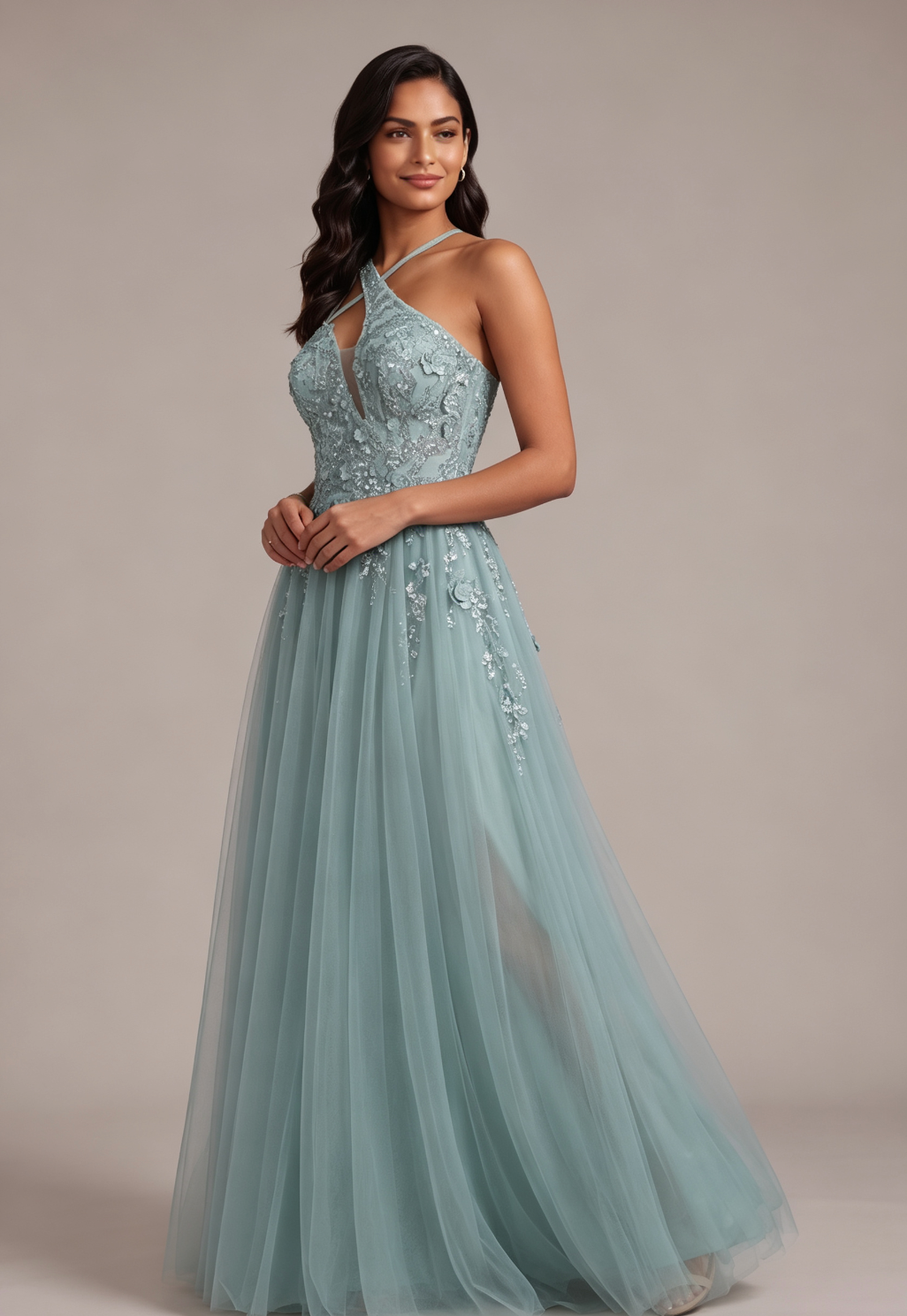 20260818163240_617_34 DUSTY BLUE HALTER 3D FLORAL A-LINE EVENING GOWN