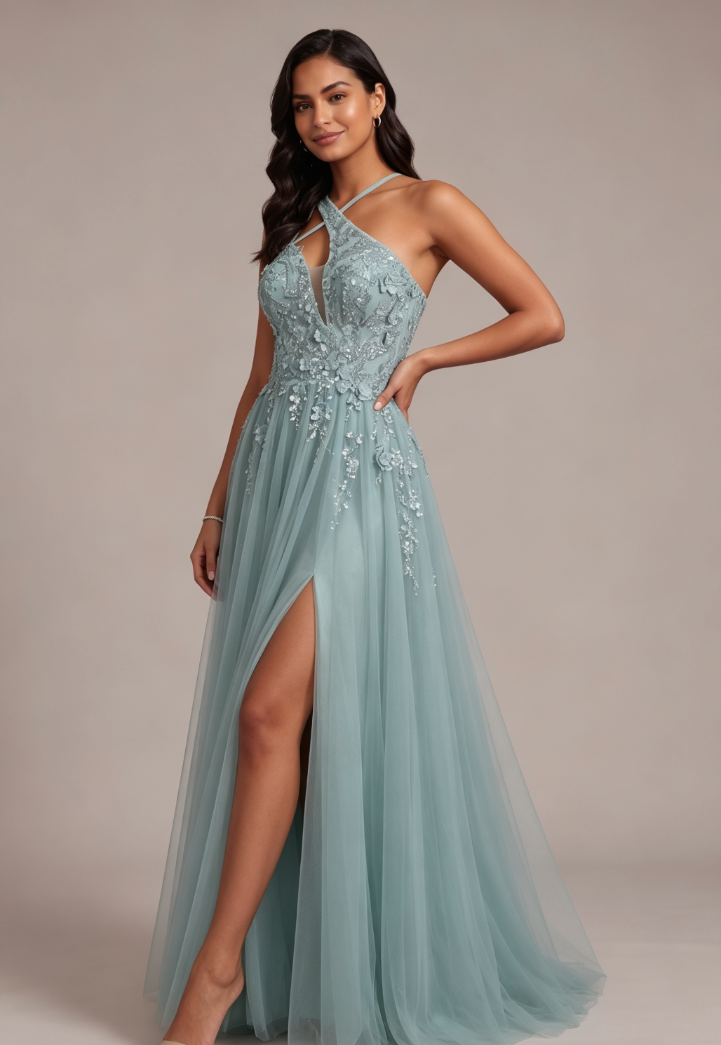 20260818163240_618_34 DUSTY BLUE HALTER 3D FLORAL A-LINE EVENING GOWN