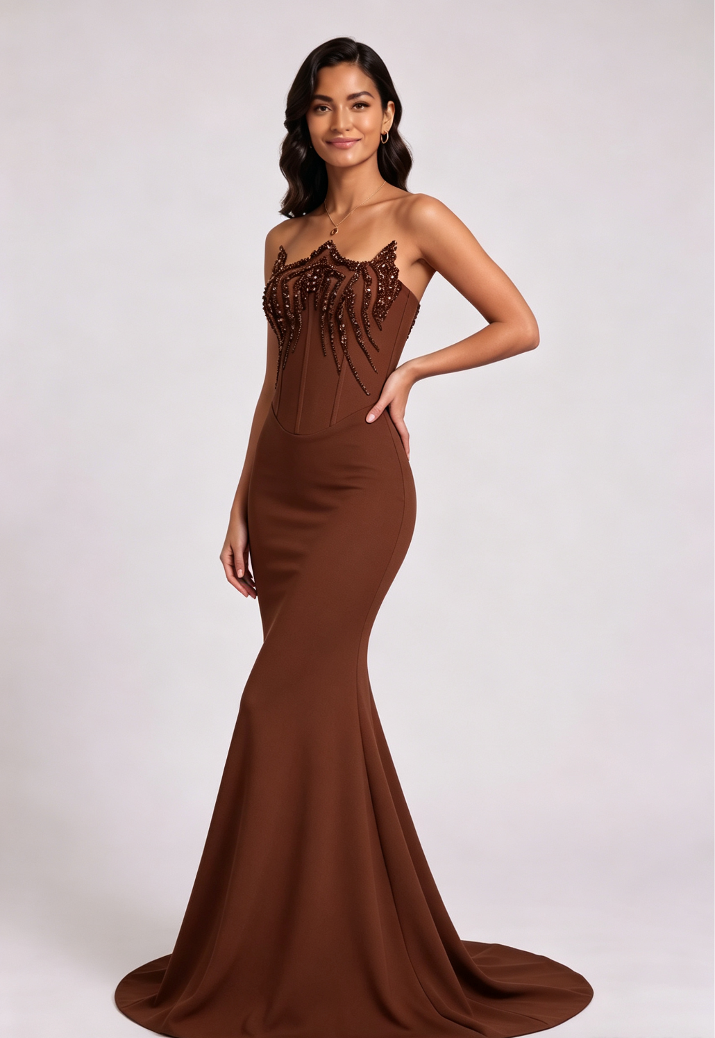 20260818163757_619_34 BROWN STRAPLESS BEADED MERMAID EVENING GOWN