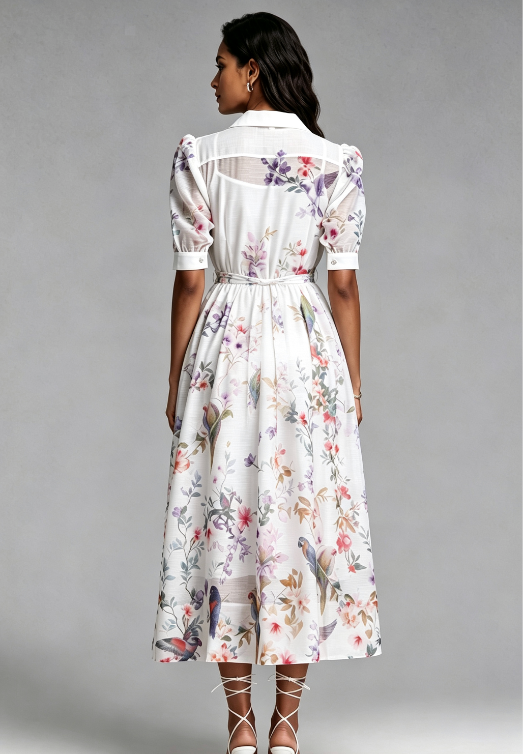 20260820134313_634_34 WHITE BOTANICAL PRINT A-LINE MIDI DRESS PUFF SLEEVES