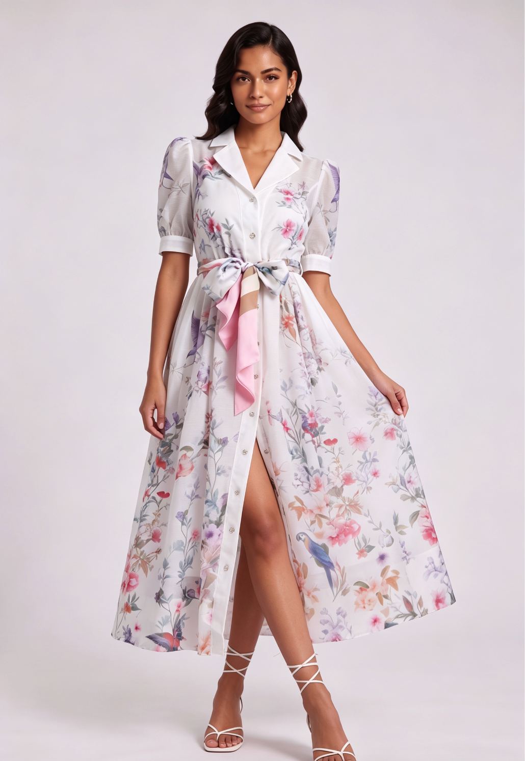 20260820134450_635_34 WHITE BOTANICAL PRINT A-LINE MIDI DRESS PUFF SLEEVES