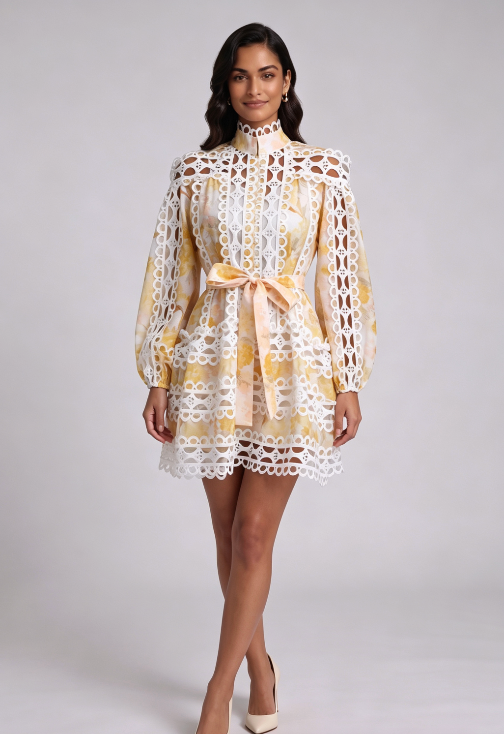 20260820135125_638_34 WHITE YELLOW FLORAL LACE A-LINE MINI DRESS