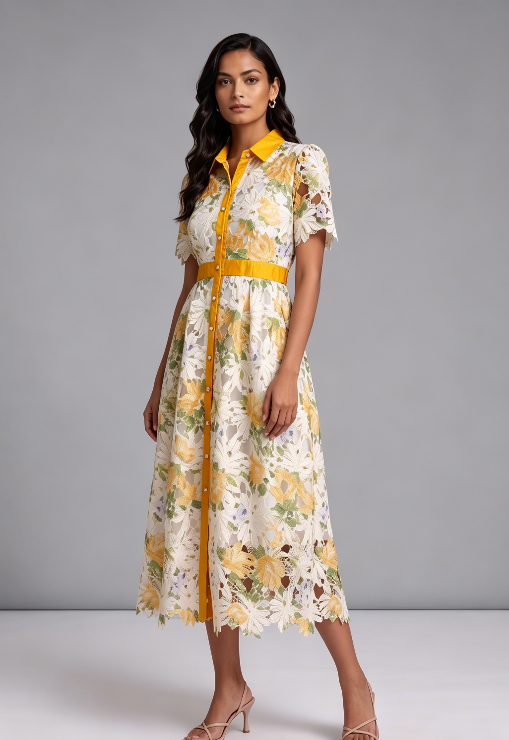 WHITE LACE A-LINE MIDI DRESS YELLOW SATIN ACCENTS WEDDING GUEST