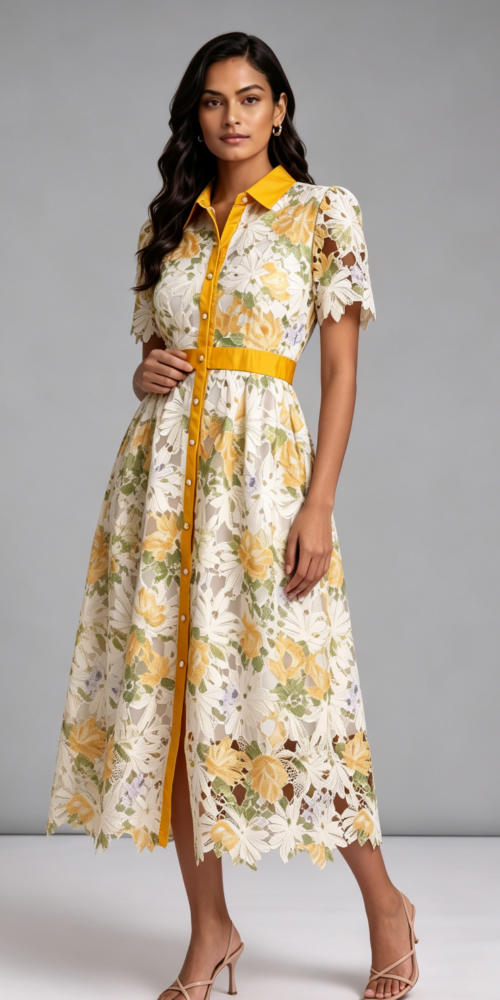WHITE LACE A-LINE MIDI DRESS YELLOW SATIN ACCENTS WEDDING GUEST