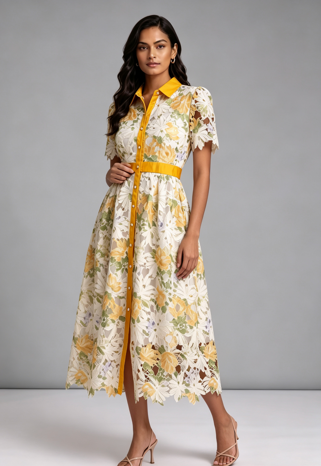 WHITE LACE A-LINE MIDI DRESS YELLOW SATIN ACCENTS WEDDING GUEST