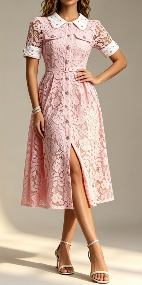 20_69490ae2-a190-4f04-a723-baa4f9e3d959 PINK PETER PAN COLLAR LACE BELTED MIDI SHIRT DRESS