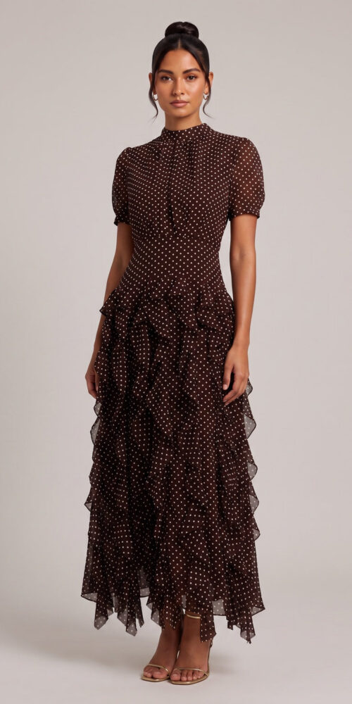 20ccf9ec1ae98e7d BROWN POLKA DOT TIERED RUFFLE MIDI DRESS