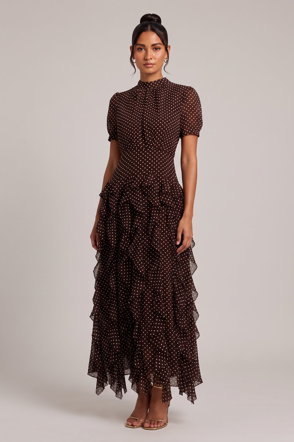 20ccf9ec1ae98e7d BROWN POLKA DOT TIERED RUFFLE MIDI DRESS