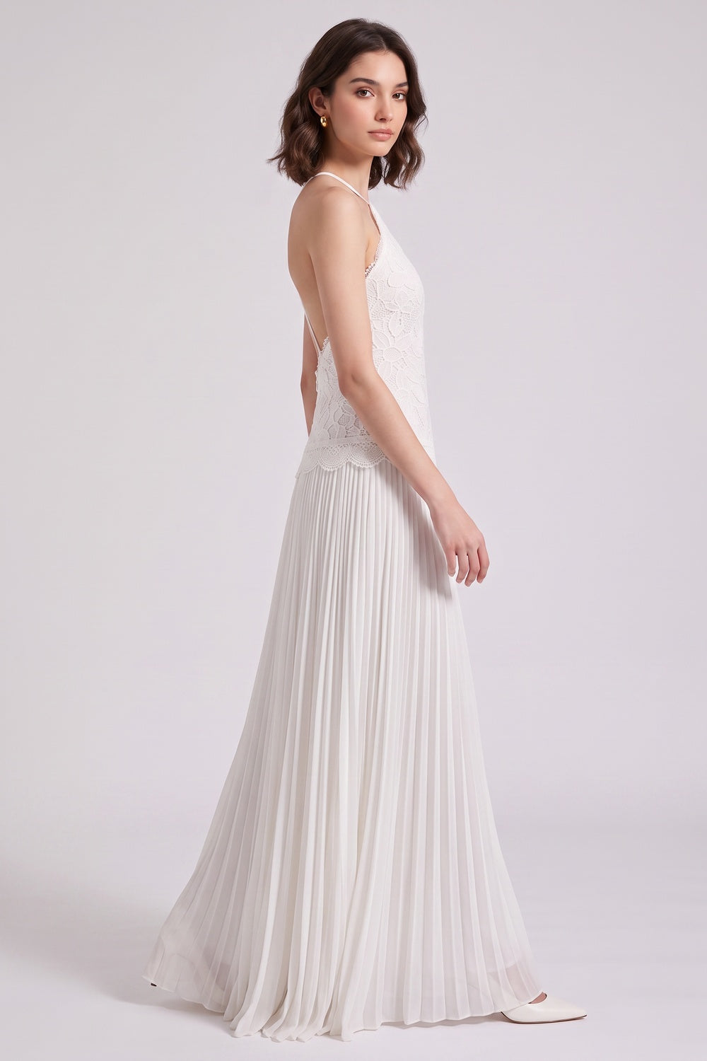 WHITE LACE A-LINE MAXI DRESS FOR WEDDING GUEST