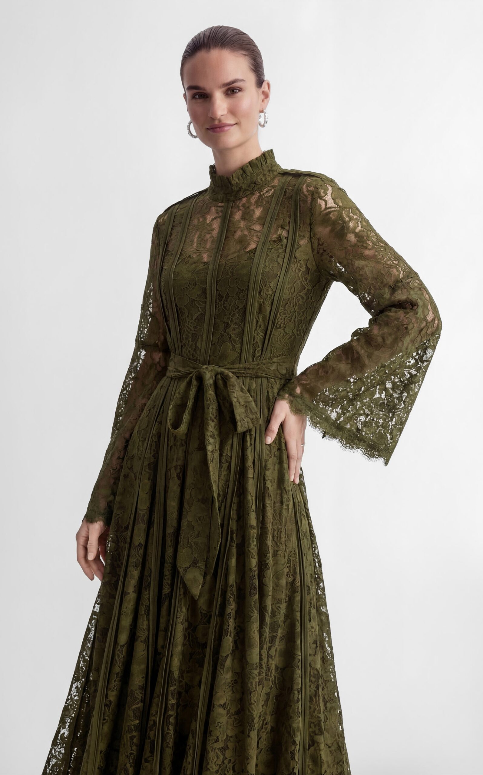 21-5 OLIVE FLORAL LACE HIGH NECK BELL SLEEVE MAXI DRESS