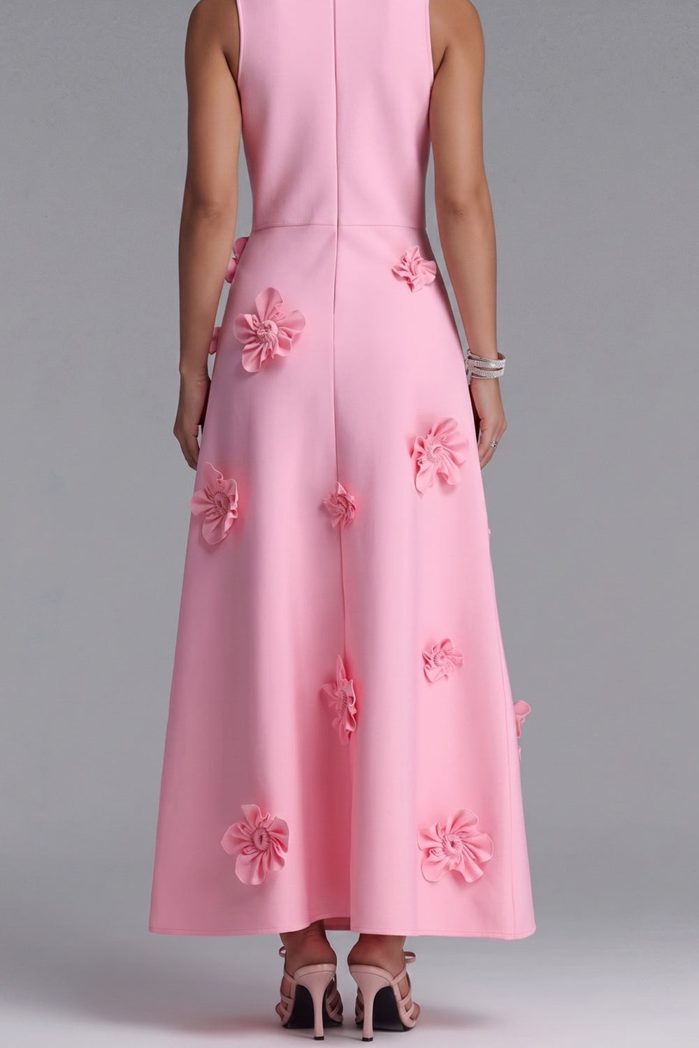 2136e74070625822 SLEEVELESS ROUND NECK 3D FLORAL MIDI DRESS