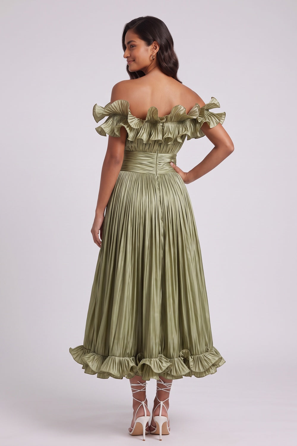 OLIVE GREEN OFF-SHOULDER PLEATED MIDI DRESS, FIT-FLARE