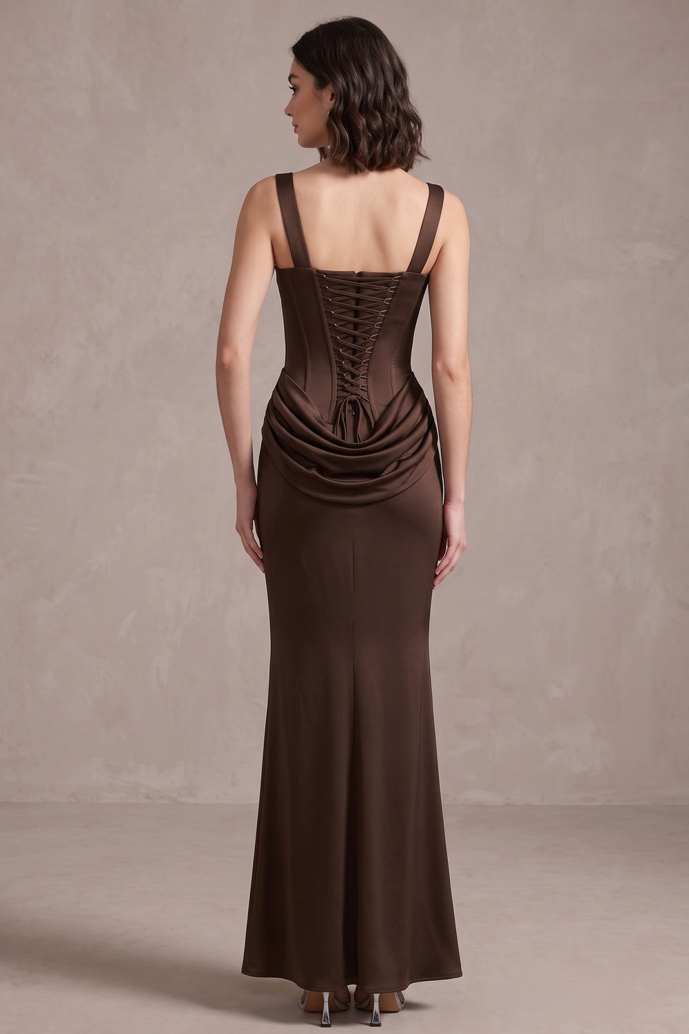 21784f71f52c663c DARK BROWN SATIN COLUMN GOWN DRAPED HIP EVENING WEAR