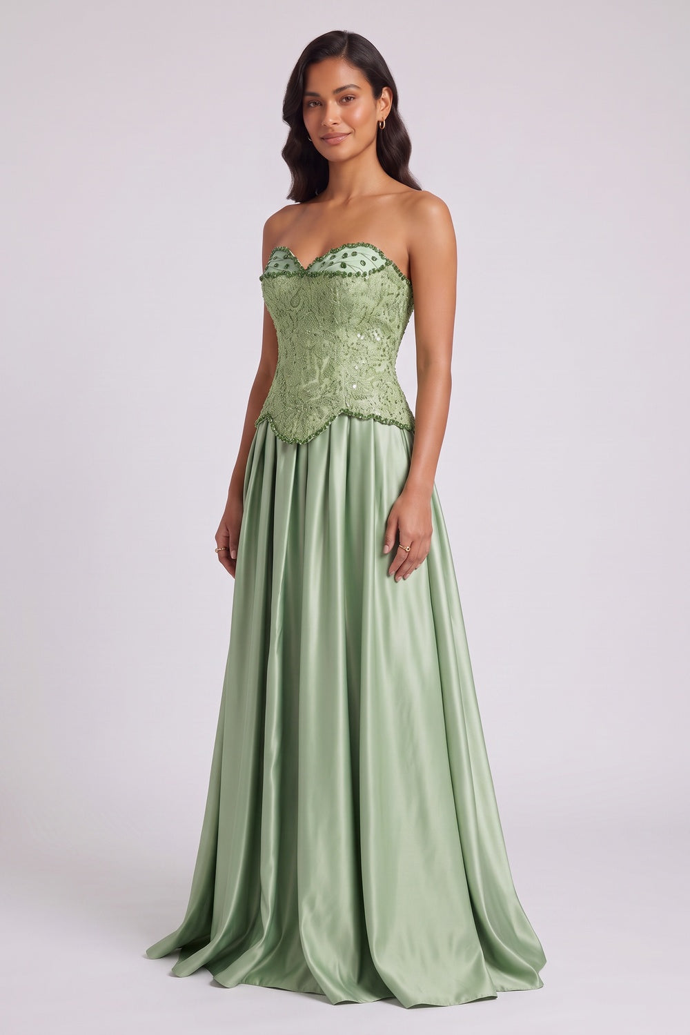 217bb50b7818ec26 SAGE GREEN STRAPLESS EMBELLISHED GOWN, FLOOR-LENGTH FORMAL
