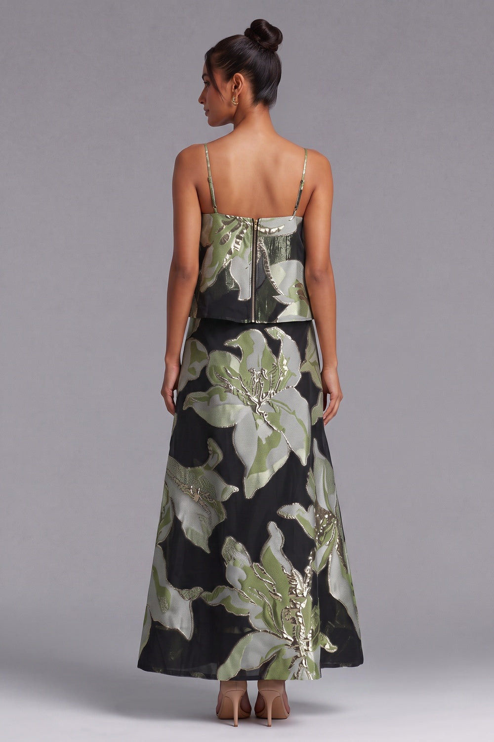 BLACK METALLIC JACQUARD TRAPEZE CROP TOP & MAXI SKIRT SET