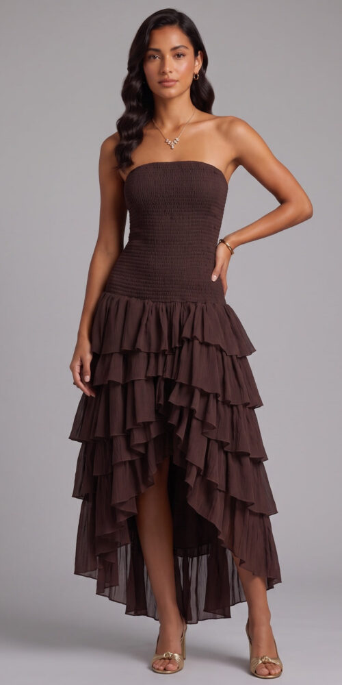 2181ccdec1dfc663 STRAPLESS SMOCKED HIGH-LOW MIDI DRESS FOR WEDDING GUEST