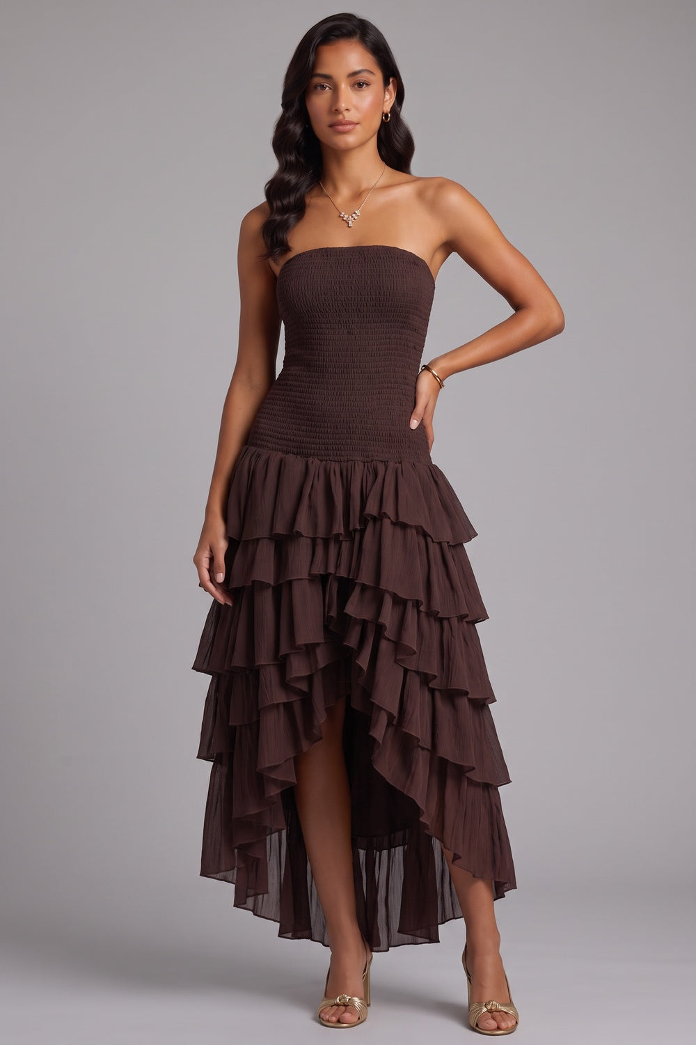 2181ccdec1dfc663 STRAPLESS SMOCKED HIGH-LOW MIDI DRESS FOR WEDDING GUEST