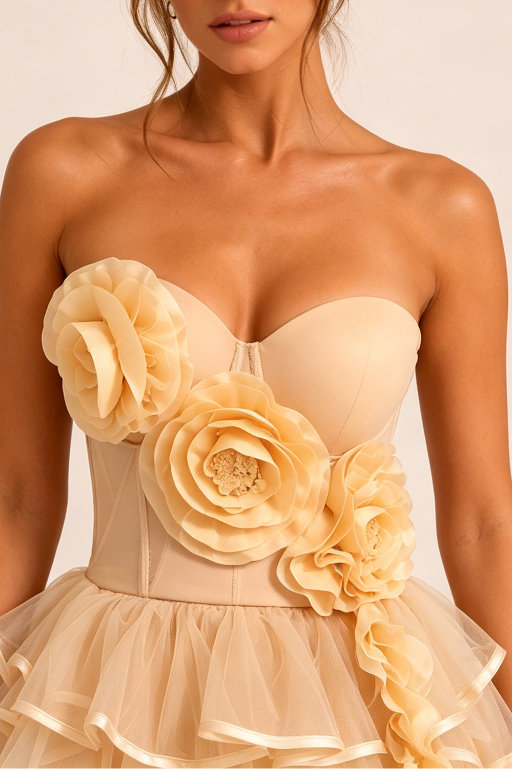 21_1cc789f7-3d26-4d6c-8430-3c453da11d35 CHAMPAGNE STRAPLESS 3D FLORAL CORSET TOP & HIGH LOW RUFFLE TULLE SKIRT SET
