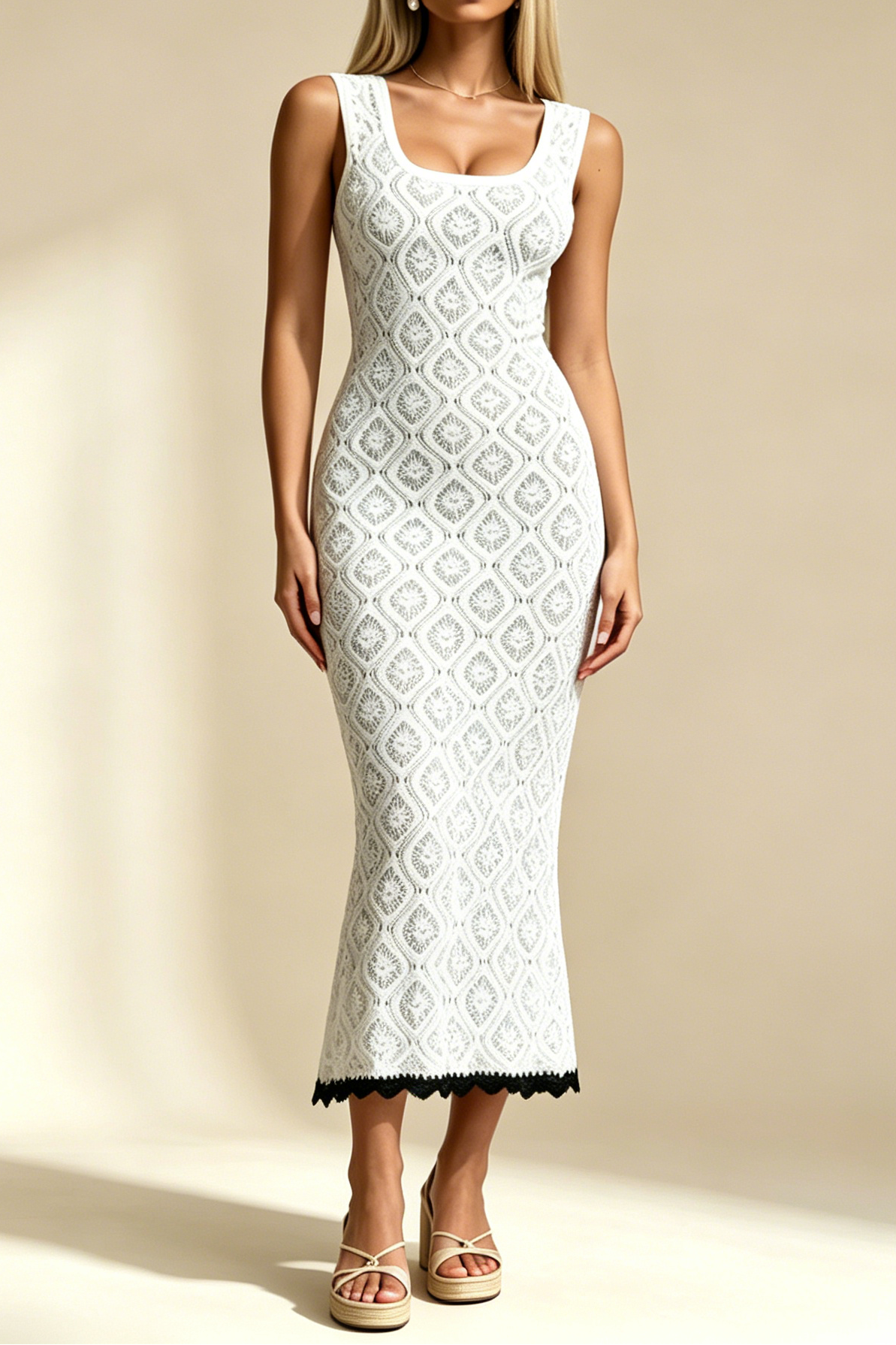 21_74c46986-a23f-4e5d-9131-811c752ae6f0 WHITE CROCHET SQUARE NECK MERMAID MIDI DRESS BLACK FRINGE HEM