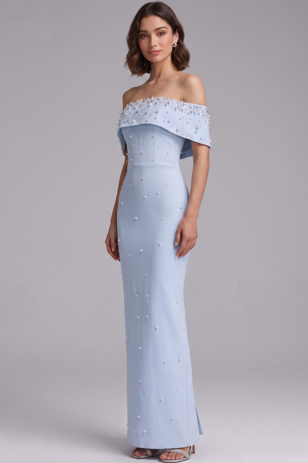 LIGHT BLUE PEARL COLUMN GOWN | STRUCTURED CREPE FORMAL DRESS