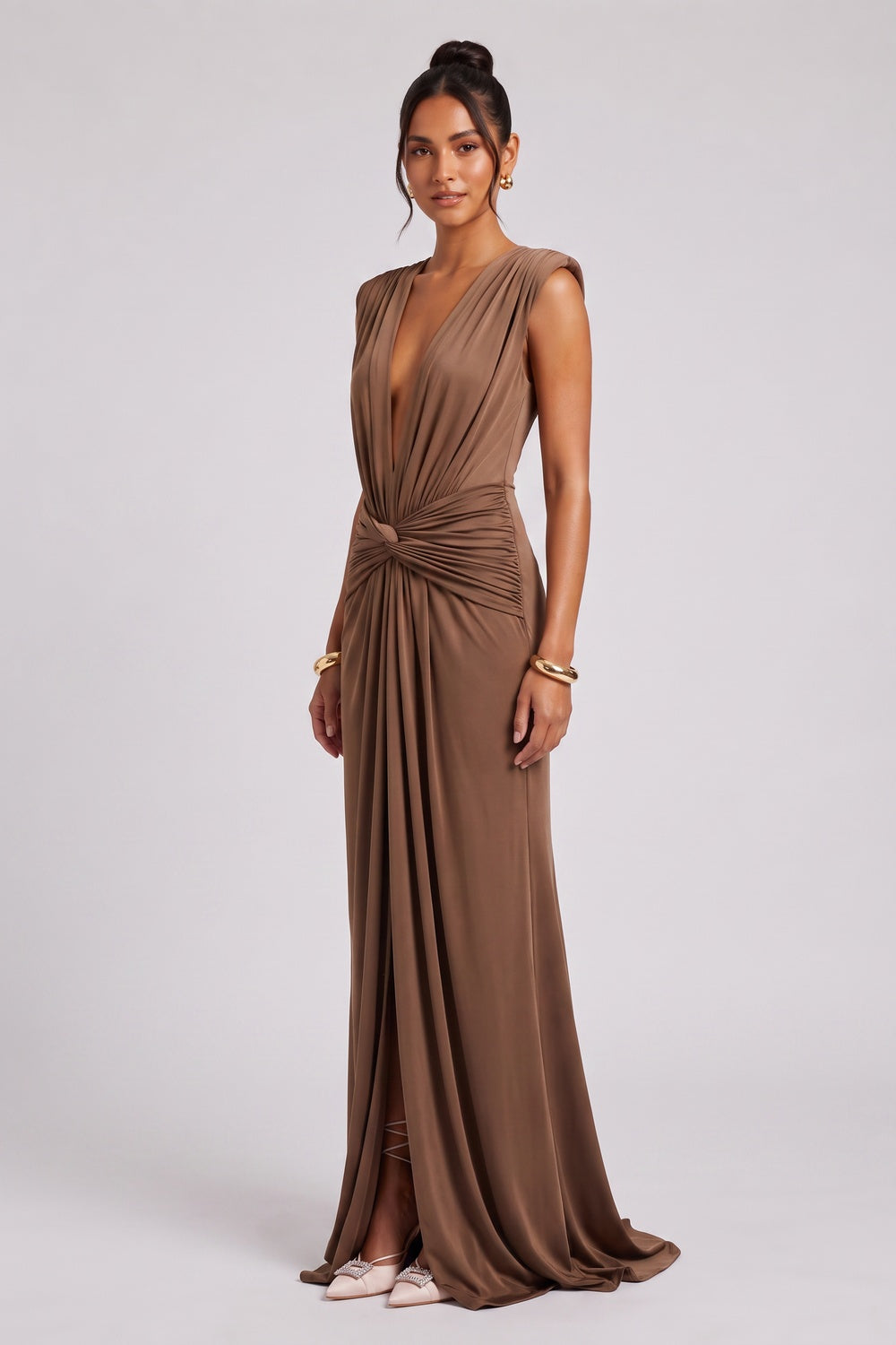 BROWN JERSEY TWIST COLUMN GOWN FOR EVENING