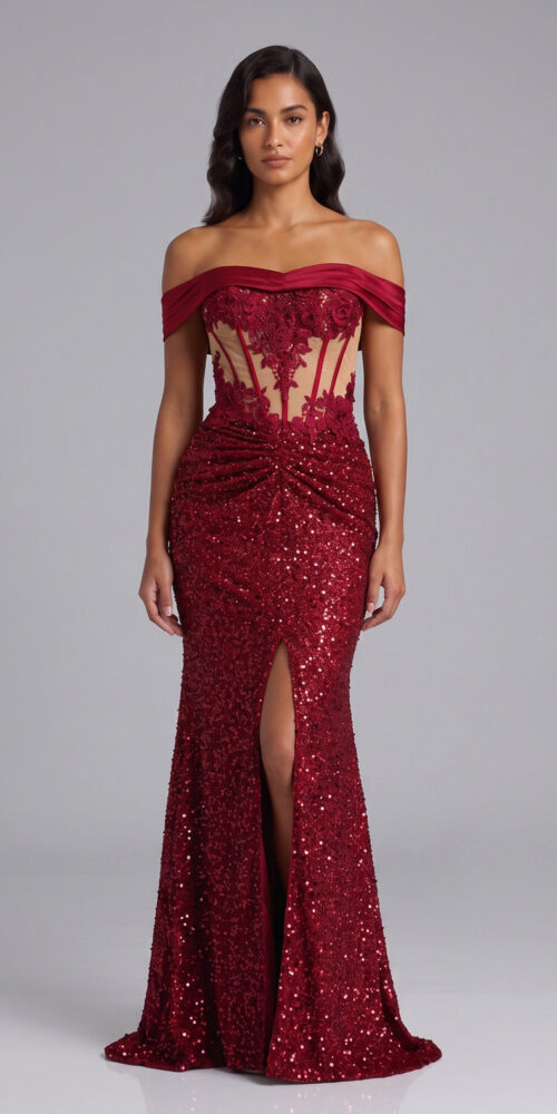 DEEP RED SEQUIN OFF-SHOULDER MERMAID EVENING GOWN