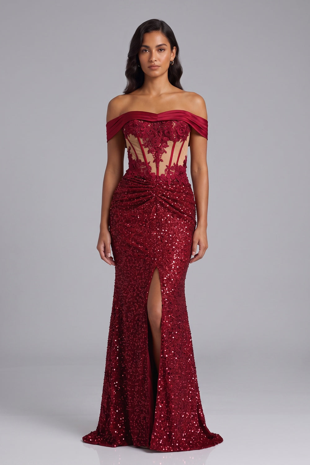 21b1835762183aa9 DEEP RED SEQUIN OFF-SHOULDER MERMAID EVENING GOWN