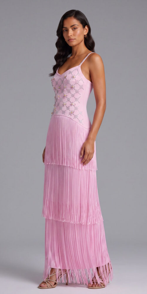 226f02b2c15a1847 RHINESTONE FLORAL FRINGE STRAP MAXI DRESS