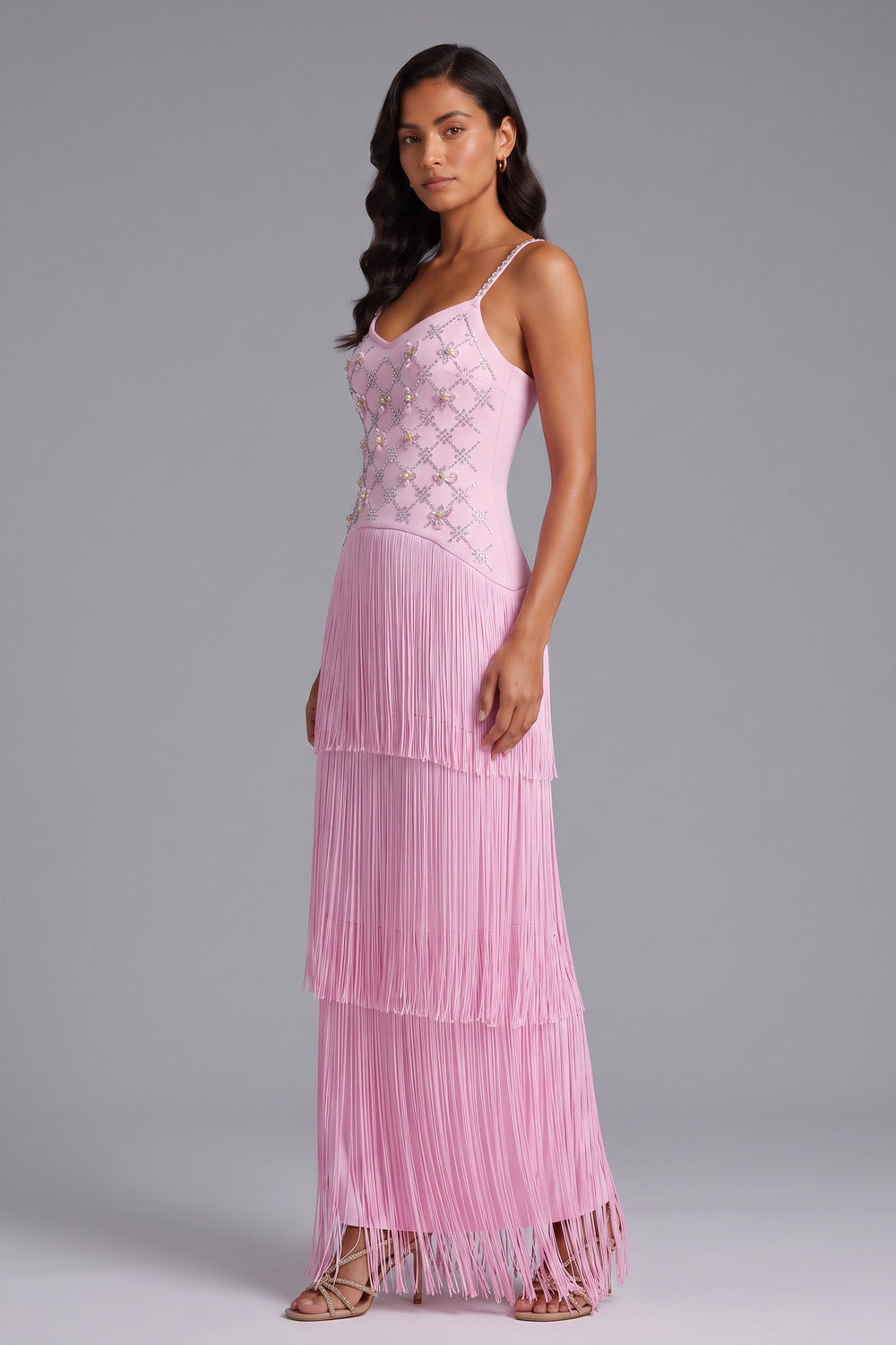 226f02b2c15a1847 RHINESTONE FLORAL FRINGE STRAP MAXI DRESS