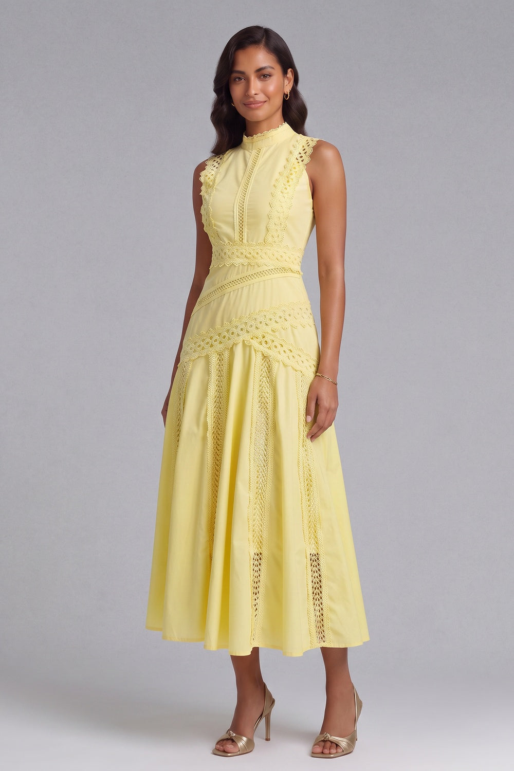 227112829cd6efeb YELLOW A-LINE LACE MIDI DRESS FOR WEDDING GUEST