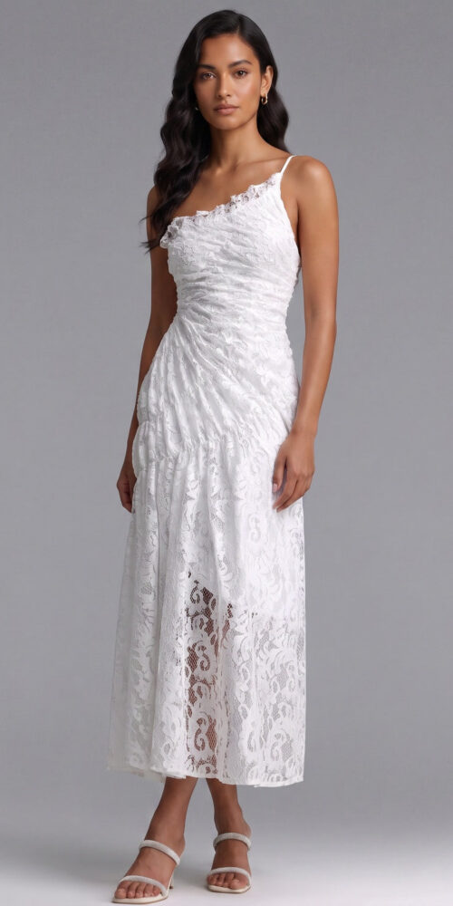WHITE LACE ASYM A-LINE DRESS FOR WEDDING GUEST