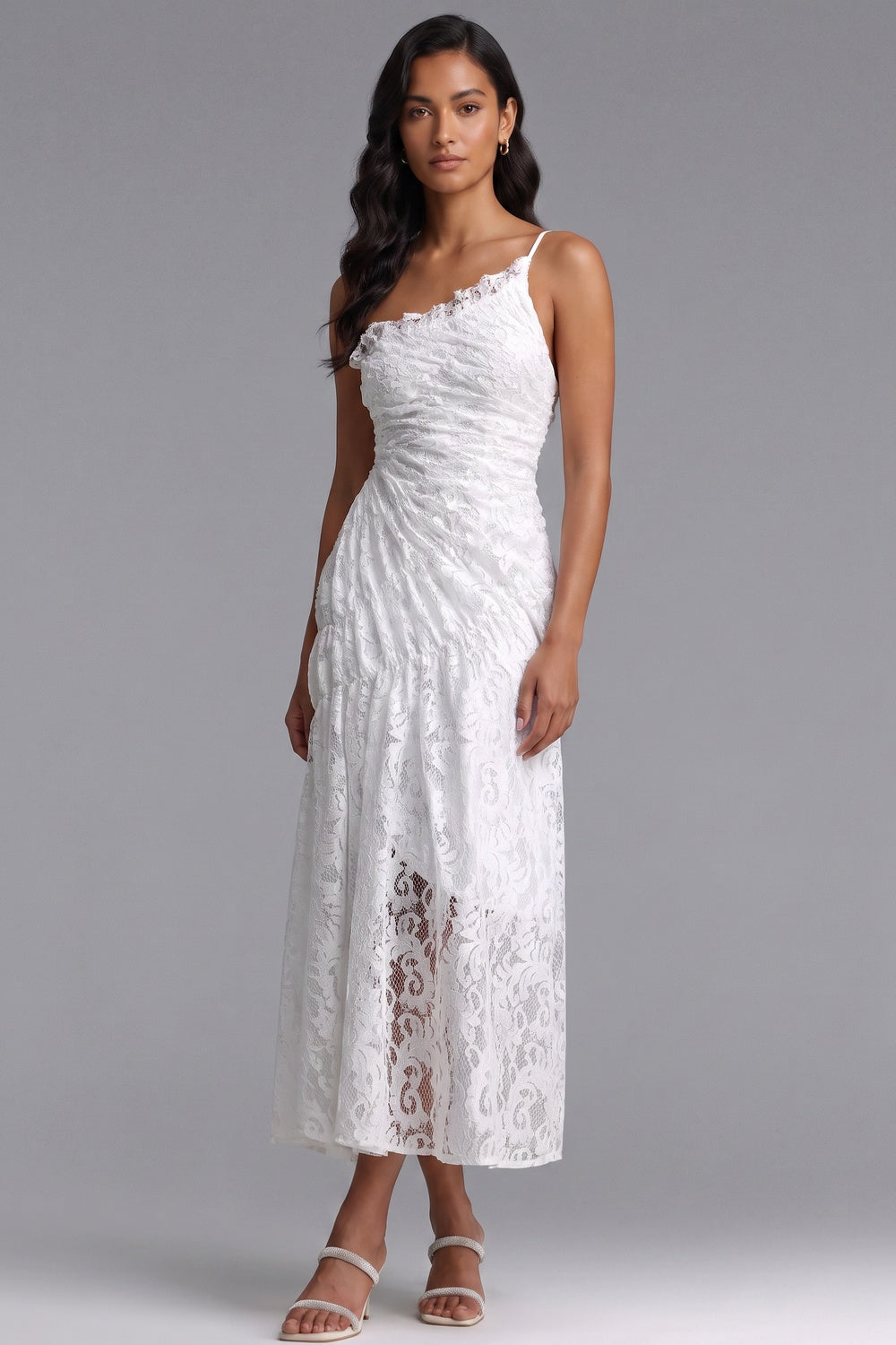 227764634a2bbe35 WHITE LACE ASYM A-LINE DRESS FOR WEDDING GUEST