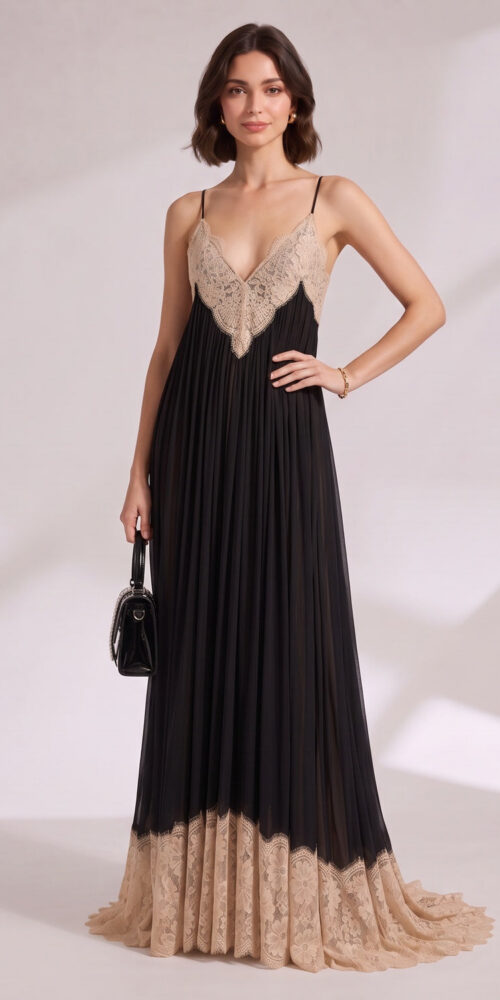 CONTRAST LACE STRAP PLEATED MAXI DRESS