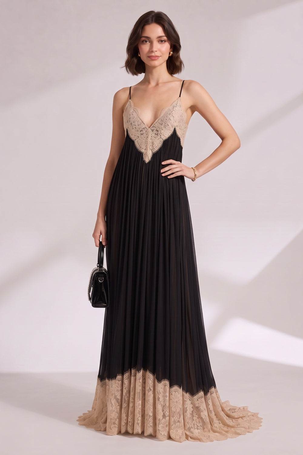 228fec209887cf79 CONTRAST LACE STRAP PLEATED MAXI DRESS