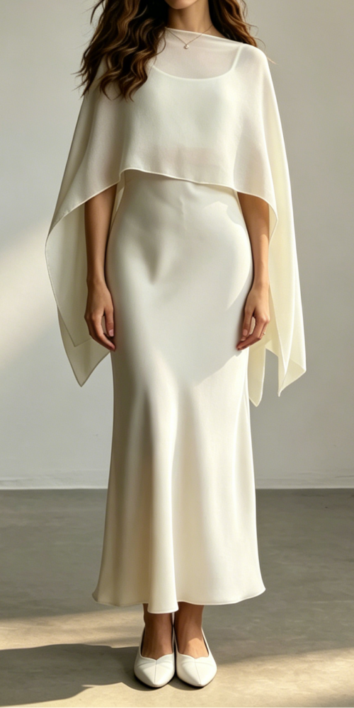 22_625e5f6c-8e96-4feb-8a77-8f254cf7b365 IVORY SATIN MIDI SLIP DRESS WITH MATCHING CHIFFON CAPE OVERLAY