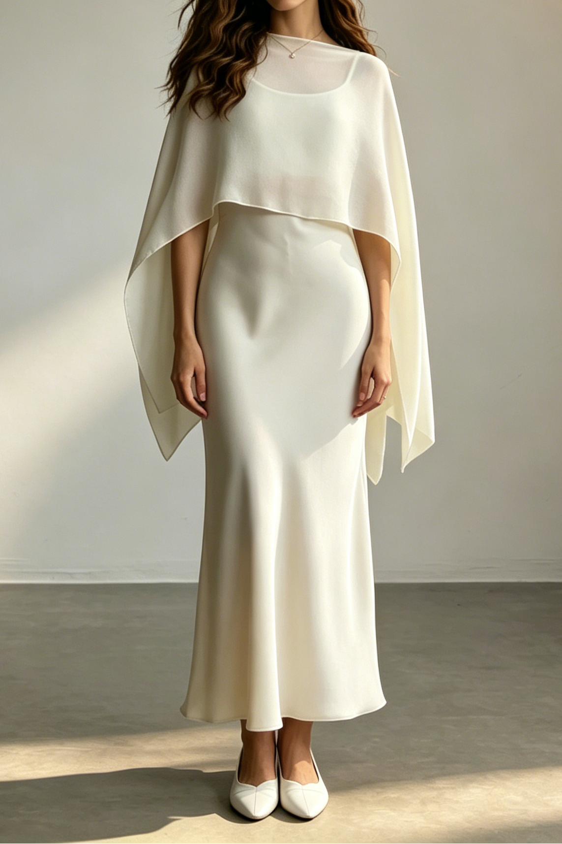 IVORY SATIN MIDI SLIP DRESS WITH MATCHING CHIFFON CAPE OVERLAY