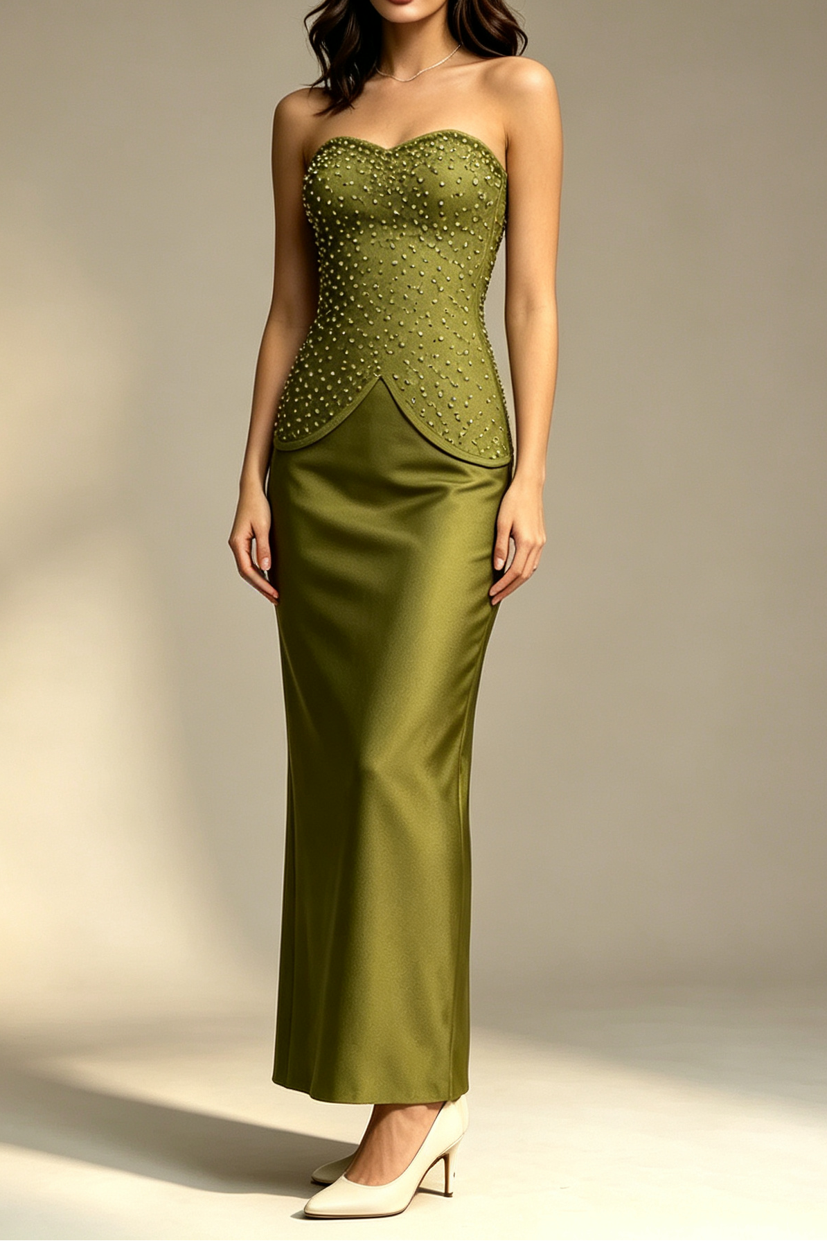 22_85244dc3-f0a2-48d6-b7af-9d487ba39679 OLIVE GREEN STRAPLESS BEADED MERMAID FORMAL GOWN