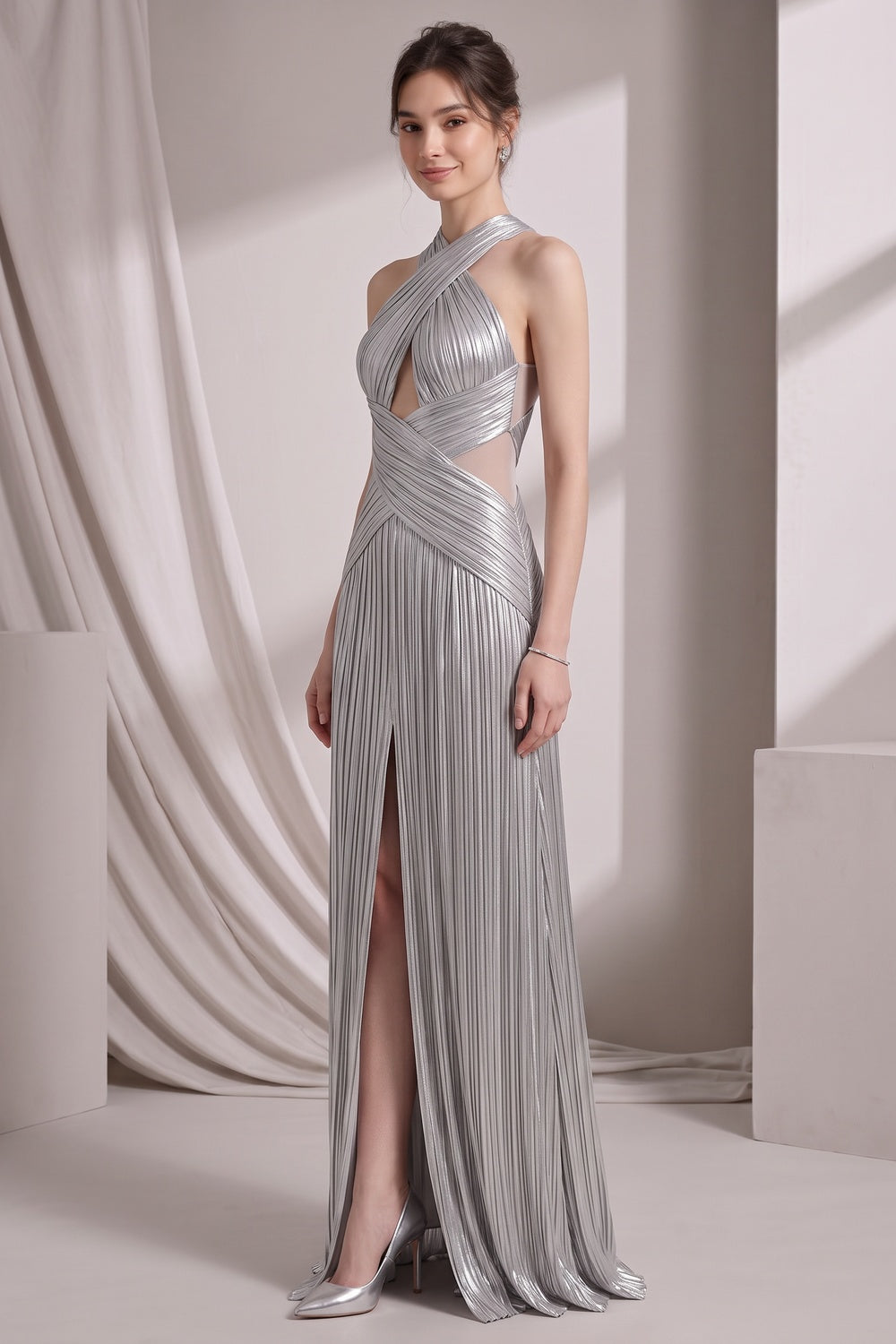 22cb1374d1b93b1b SILVER METALLIC PLISSE COLUMN GOWN EVENING