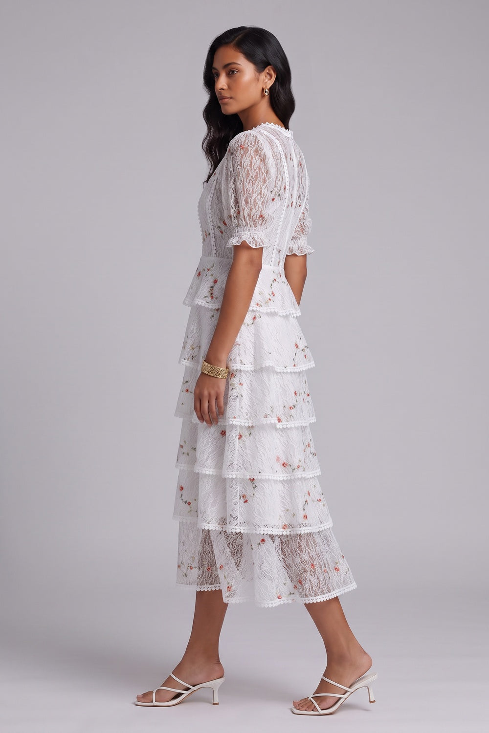 22d72ca9983a8714 WHITE TIERED FLORAL MIDI DRESS FOR WEDDING GUEST