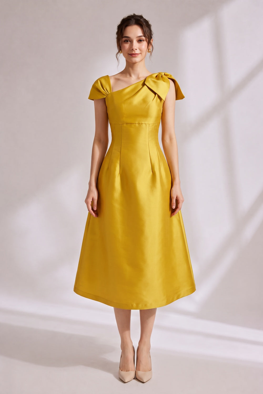 23021c8e4de6a258 YELLOW ASYMMETRICAL BOW SATIN MIDI PARTY DRESS