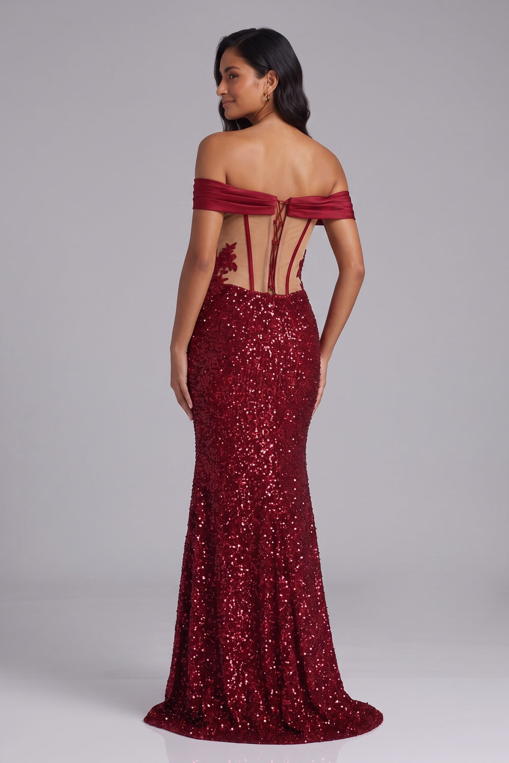 2333349314027b6e DEEP RED SEQUIN OFF-SHOULDER MERMAID EVENING GOWN