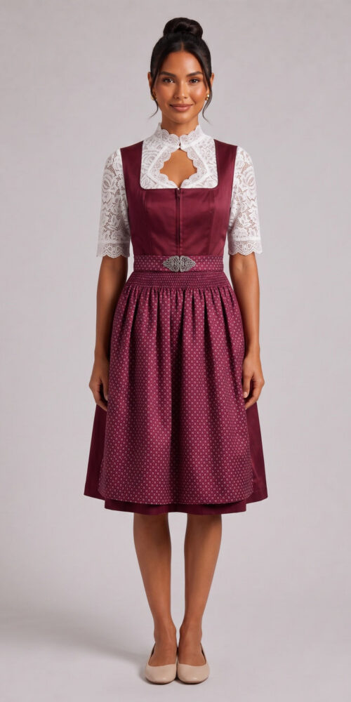BURGUNDY SATIN DIRNDL DRESS SET - FIT & FLARE WEDDING GUEST
