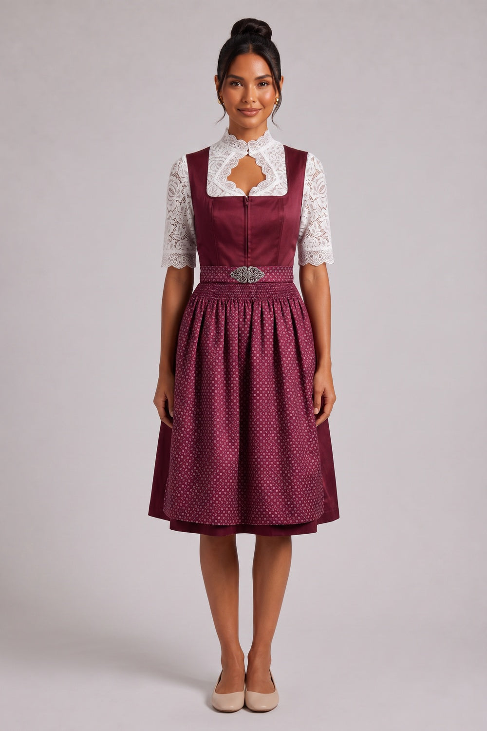 BURGUNDY SATIN DIRNDL DRESS SET - FIT & FLARE WEDDING GUEST