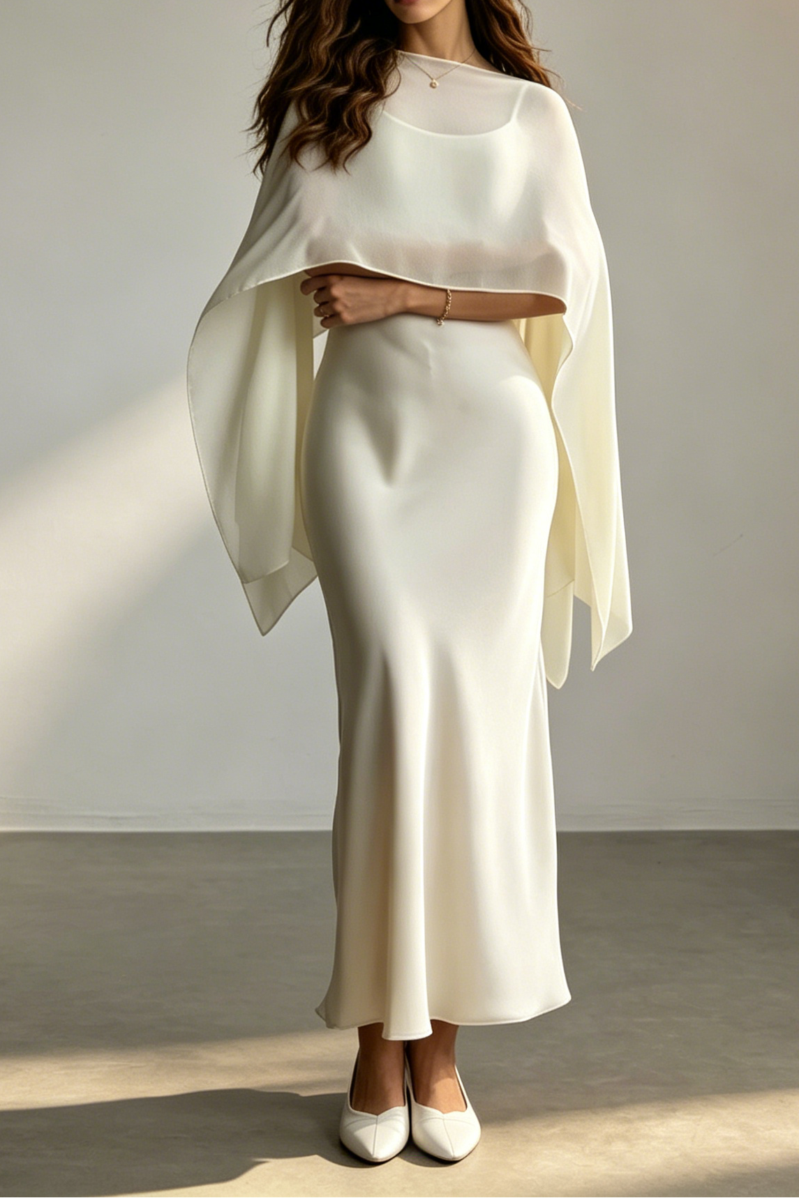 IVORY SATIN MIDI SLIP DRESS WITH MATCHING CHIFFON CAPE OVERLAY