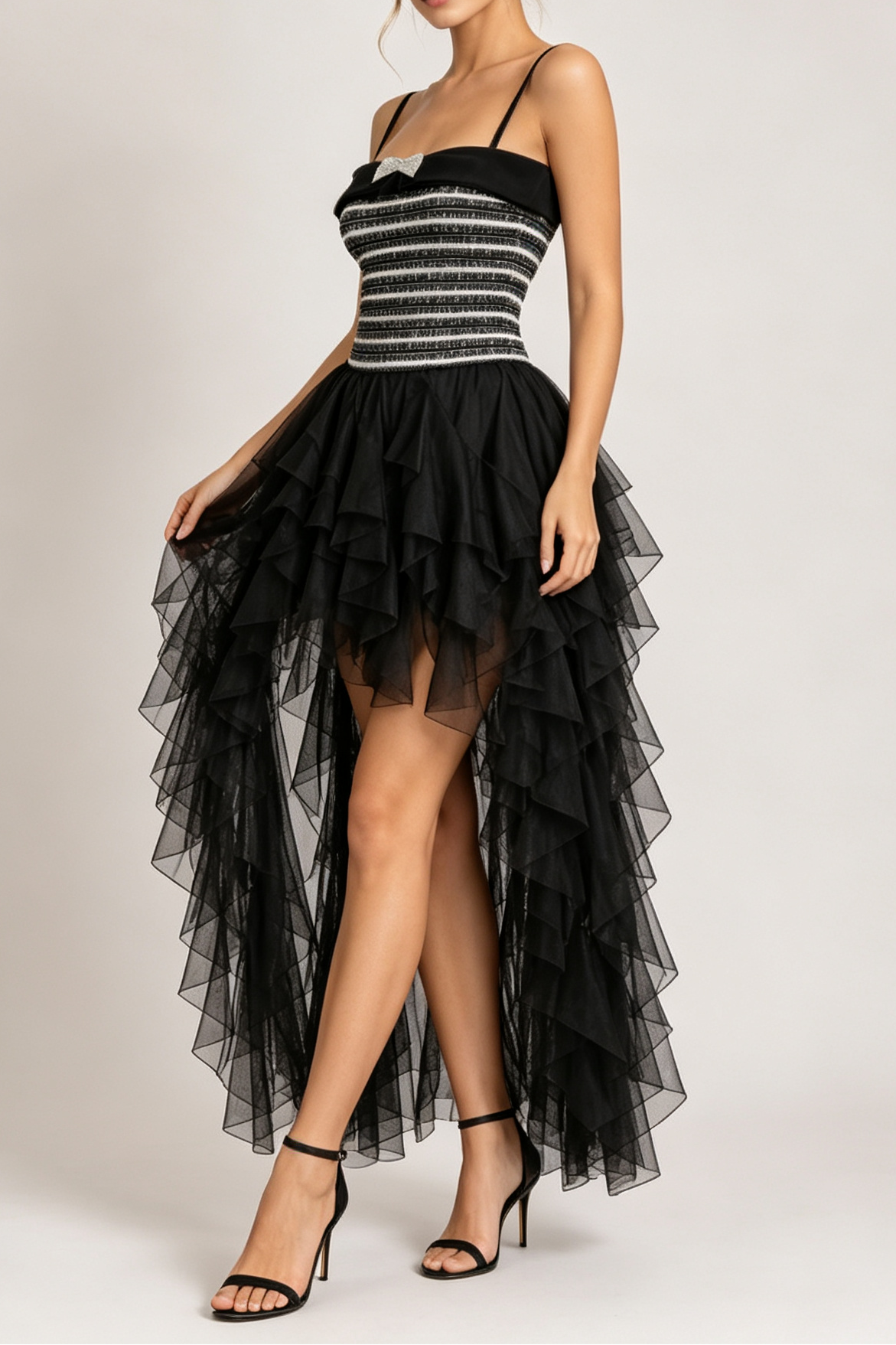 RHINESTONE BOW TWEED TOP & HIGH-LOW RUFFLE TULLE SKIRT TWO-PIECE SET