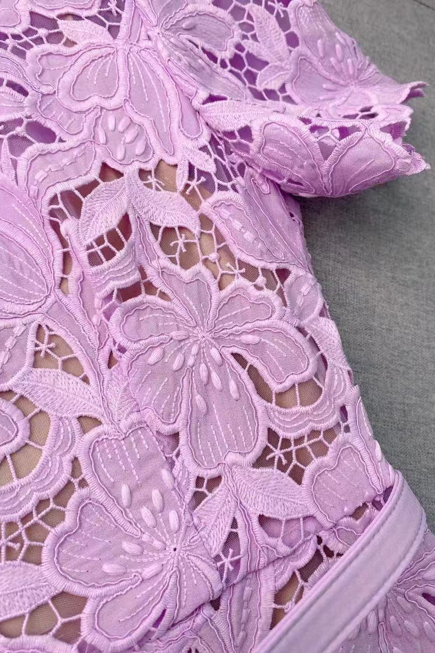 LILAC LACE MIDI DRESS | SHORT SLEEVE FLORAL WEDDING GUEST