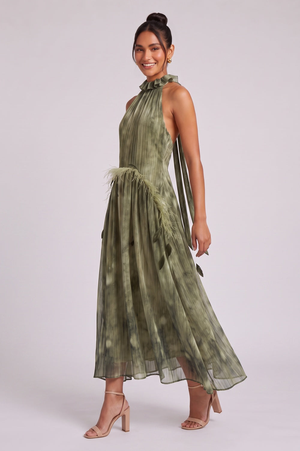 23fe8f77902a4b46 OLIVE GREEN CHIFFON HALTER A-LINE MIDI DRESS